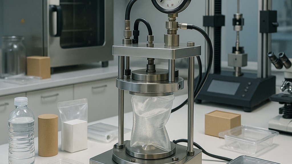 Test di rottura ASTM F2054/F2054M delle guarnizioni di confezioni flessibili mediante pressurizzazione dell'aria interna all'interno delle piastre di restrizione Test di rottura ASTM F2054/F2054M delle guarnizioni di confezioni flessibili mediante pressurizzazione dell'aria interna all'interno delle piastre di restrizione