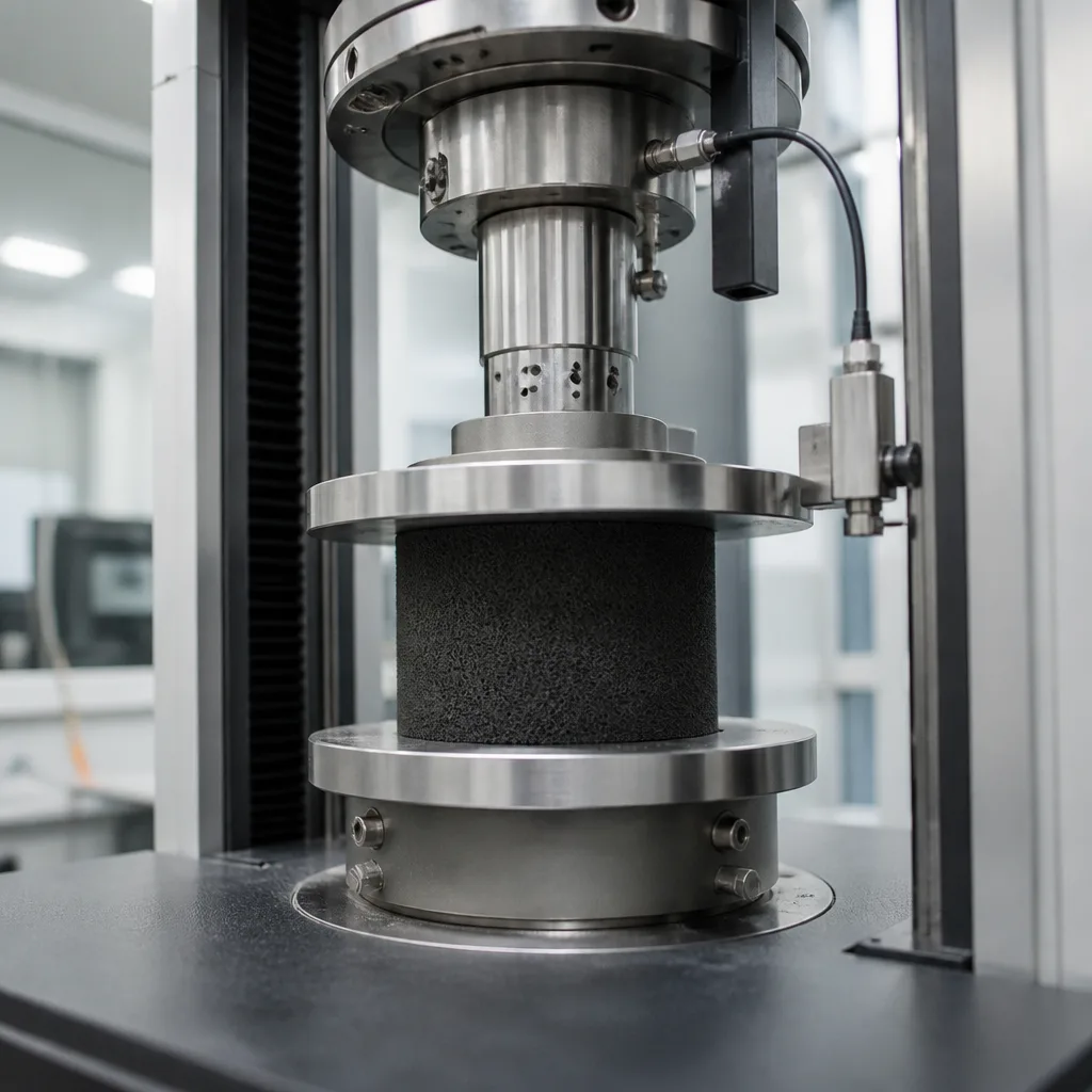 DIN 53577 Détermination de la valeur de la contrainte de compression et de la caractéristique contrainte-déformation en compression pour les matériaux cellulaires flexibles DIN 53577 Détermination de la valeur de la contrainte de compression et de la caractéristique contrainte-déformation en compression pour les matériaux cellulaires flexibles