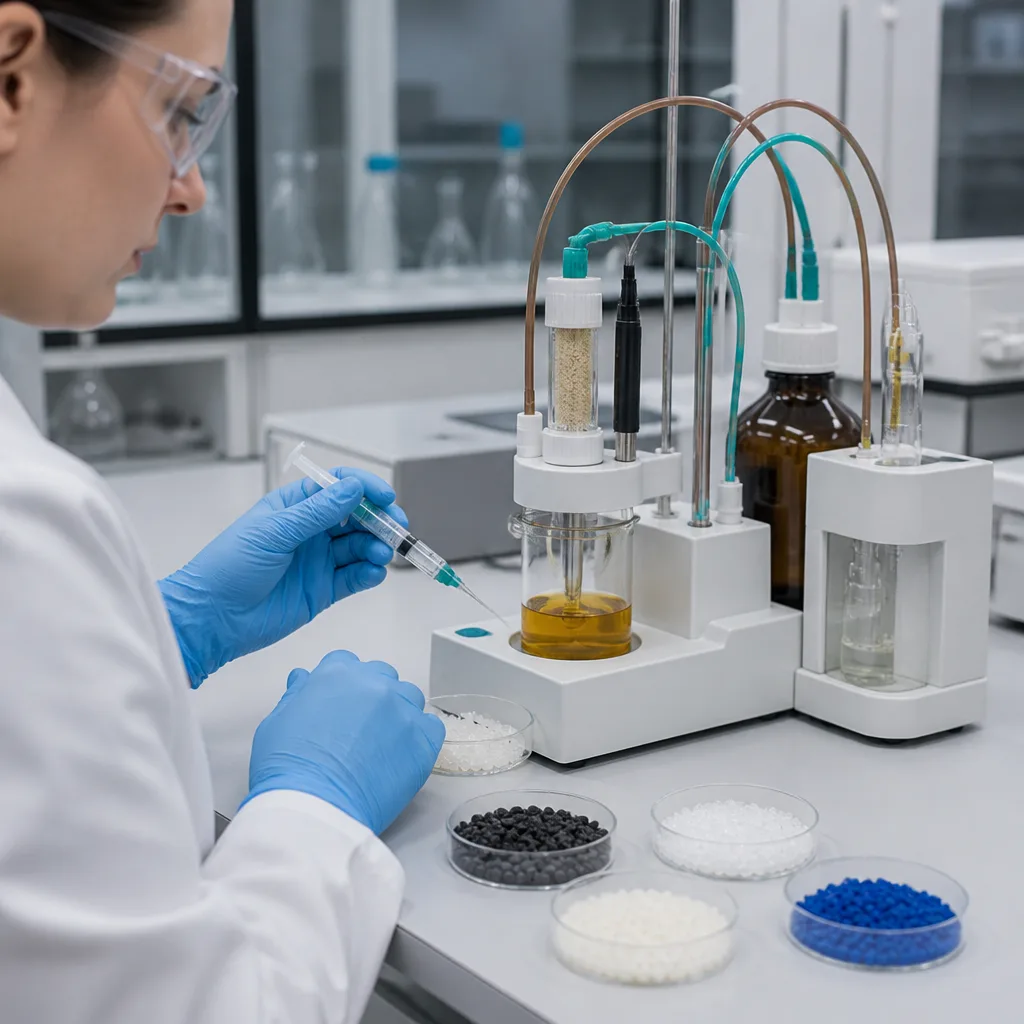 DIN 53715 Plastiklerin Test Edilmesi - Karl Fischer’e Göre Titrasyon Yöntemiyle Su İçeriğinin Belirlenmesi